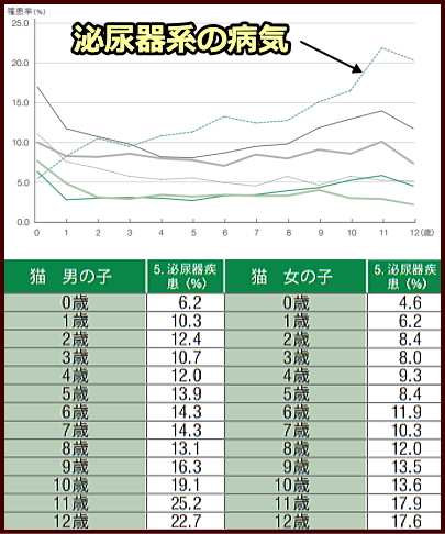 年齢別に見た猫の泌尿器系疾患・罹患率~他の疾患に比べ、抜きん出て罹患率が高いことがわかる