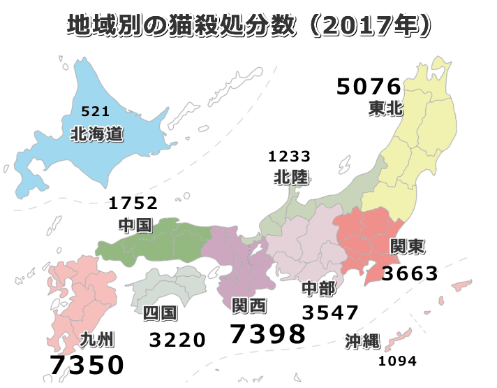 2017年度における地域別の猫殺処分数一覧インフォグラフ