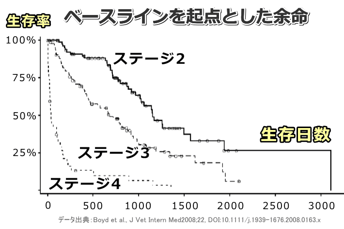 腎前性の高窒素血症を治療した時点を起点としたときの猫の余命カーブ