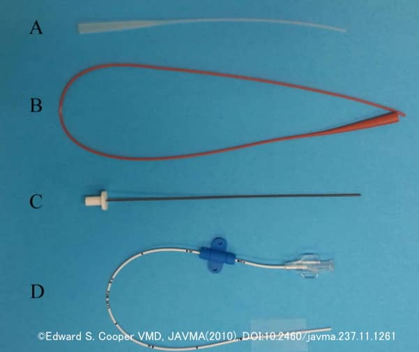 猫の尿道塞栓症に用いられる様々なタイプの尿道カテーテル