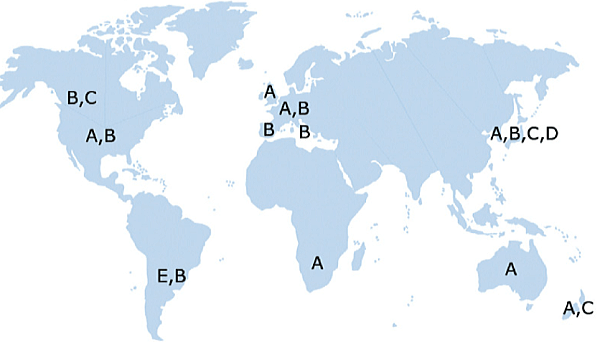 世界地図内における猫免疫不全ウイルス(FIV)のサブタイプ分布図
