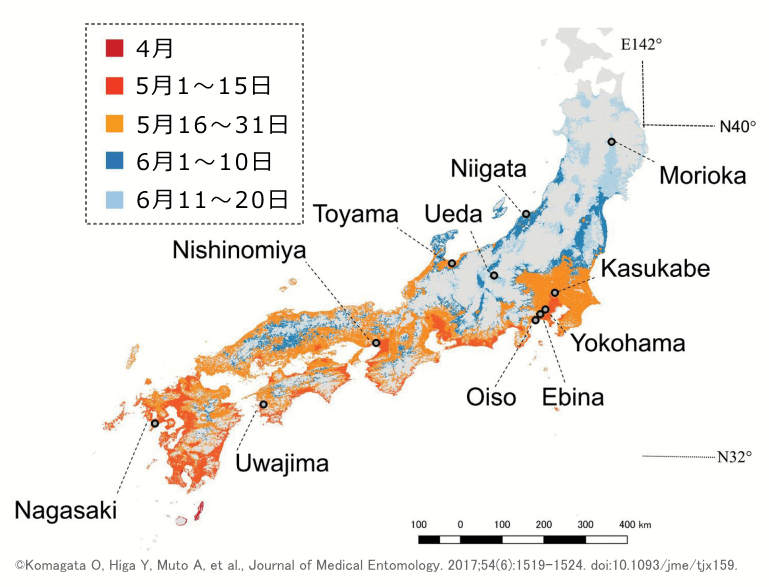 日本国内におけるかの活動開始時期ヒートマップ