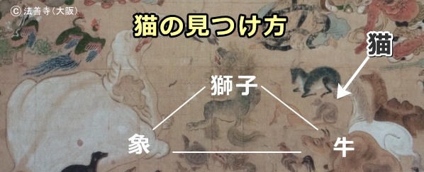 涅槃図の中に猫を見つけるときはゾウ（左）、獅子（中央上）、ウシのトライアングルを探す