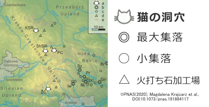 新石器時代の集落と猫が発見された洞穴の位置関係