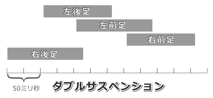 猫のダブルサスペンションギャロップにおける接地のタイミング模式図