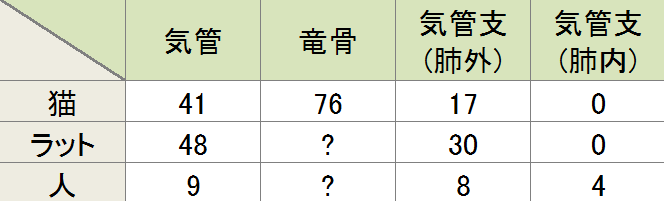 気道上皮1平方mmに含まれる神経の数（動物間比較）