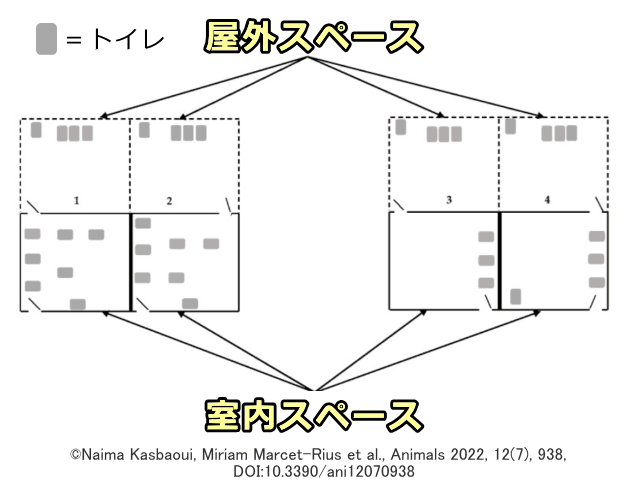 4つのキャッテリと猫用トイレの配置見取り図