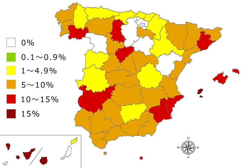 スペイン国内におけるフィラリア（D.immitis）の血清陽性率一覧マップ