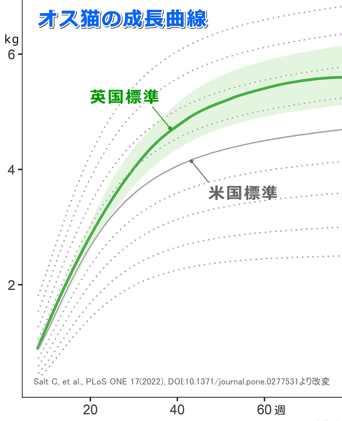 英国と米国における普通体型の未去勢子猫（オス）の標準的な成長曲線比較グラフ