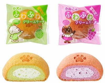 「小犬のふわふわクリームケーキ(メロン)」と「小ねこのふわふわクリームケーキ(ぶどう)」