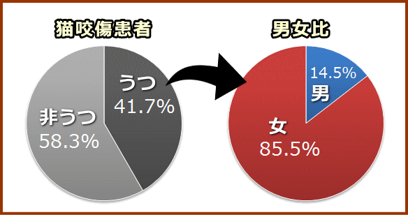 猫の咬傷とうつ病併発率、およびその男女比